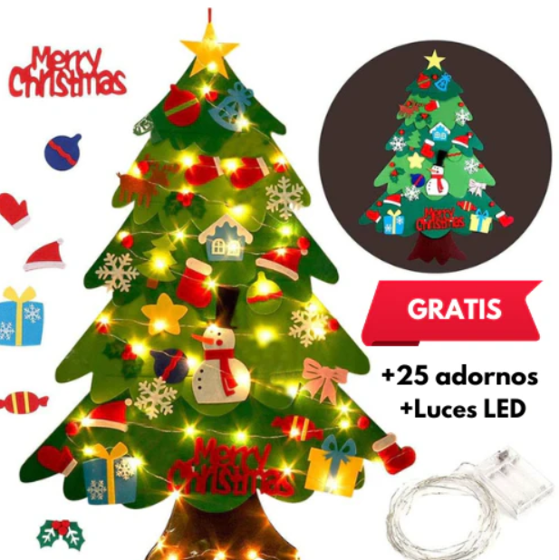 Árbol de Navidad de Fieltro con 25 Adornos + Luces de 3m